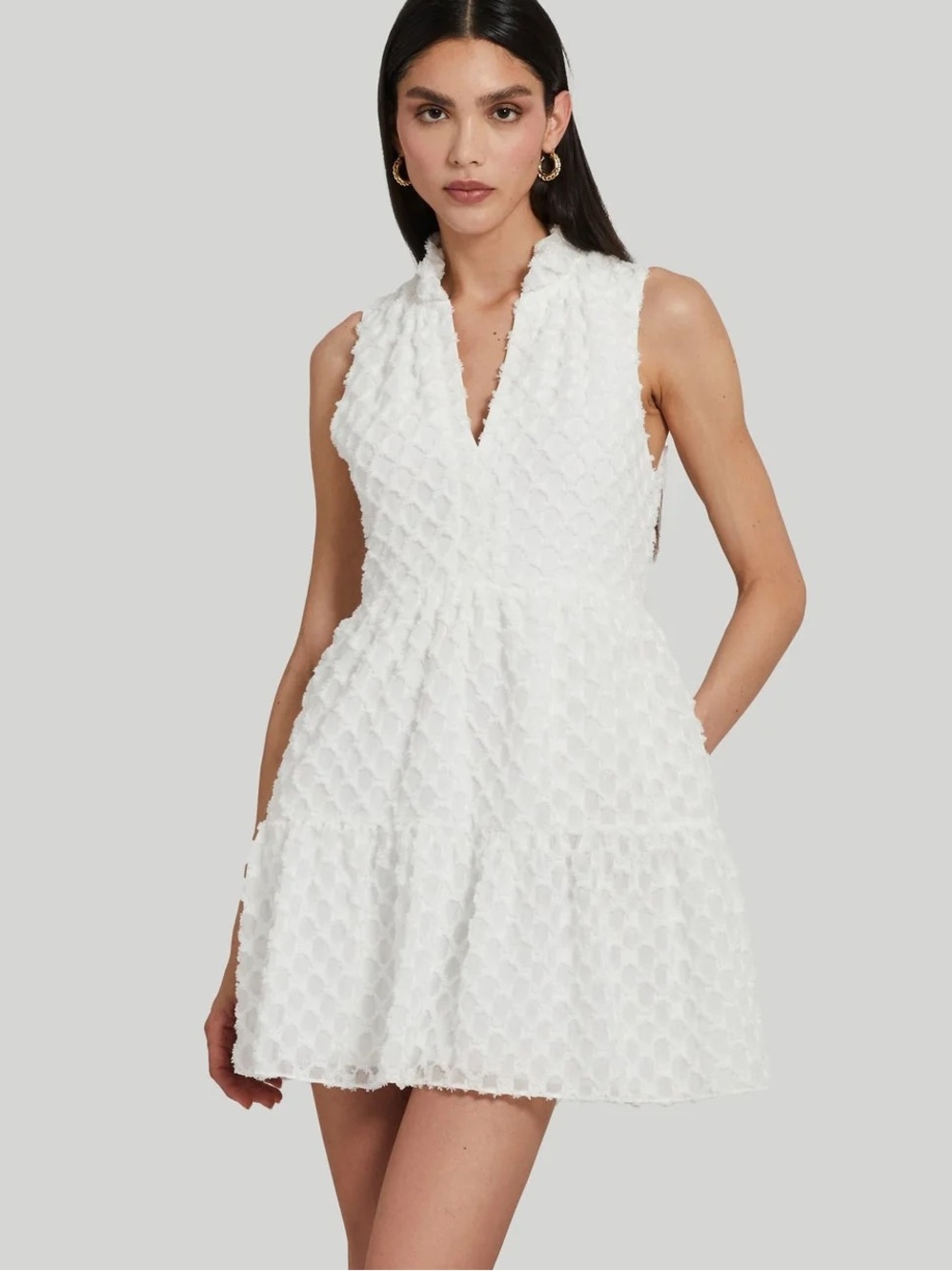 Amanda Uprichard White  Connolly Textured V-Neck Sleeveless Mini Dress